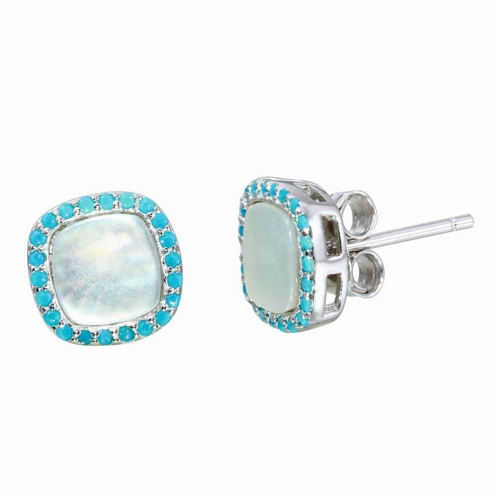 Rhodium Plated 925 Sterling Silver Square Opal Stud Earrings with Blue CZ - STE01117BLU