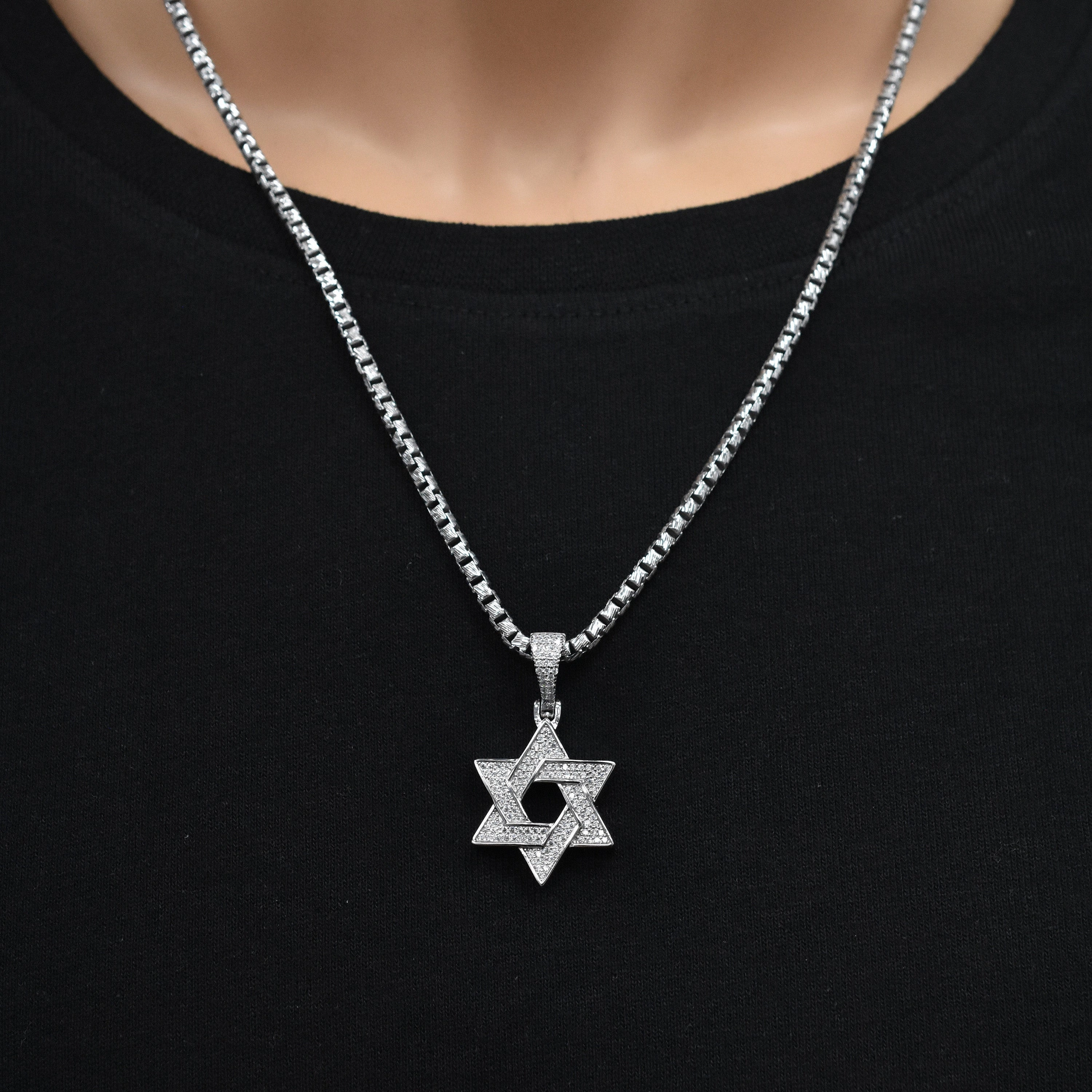 Rhodium Plated 925 Sterling Silver Star Of David Iced Out Clear CZ 23mm Pendant - SLP00491