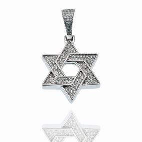 Rhodium Plated 925 Sterling Silver Star Of David Iced Out Clear CZ 23mm Pendant - SLP00491