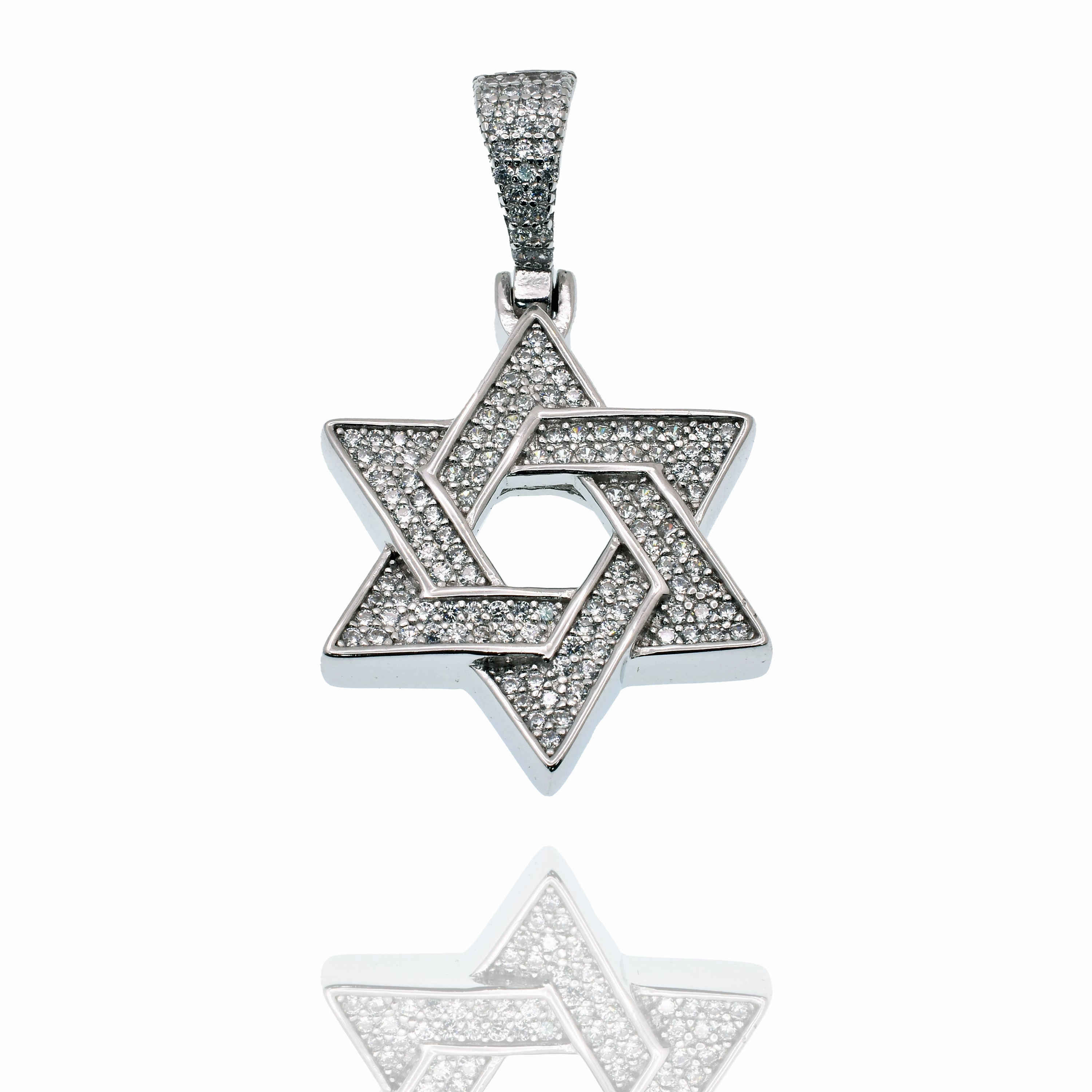 Rhodium Plated 925 Sterling Silver Star Of David Iced Out Clear CZ 23mm Pendant - SLP00491