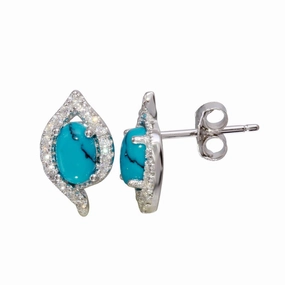 Rhodium Plated 925 Sterling Silver Stud Earrings with Turquoise and CZ Stones - BGE00577TQ