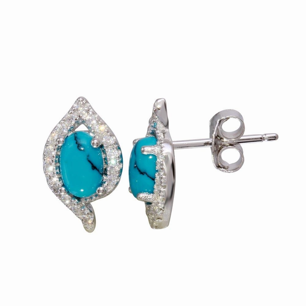 Rhodium Plated 925 Sterling Silver Stud Earrings with Turquoise and CZ Stones - BGE00577TQ