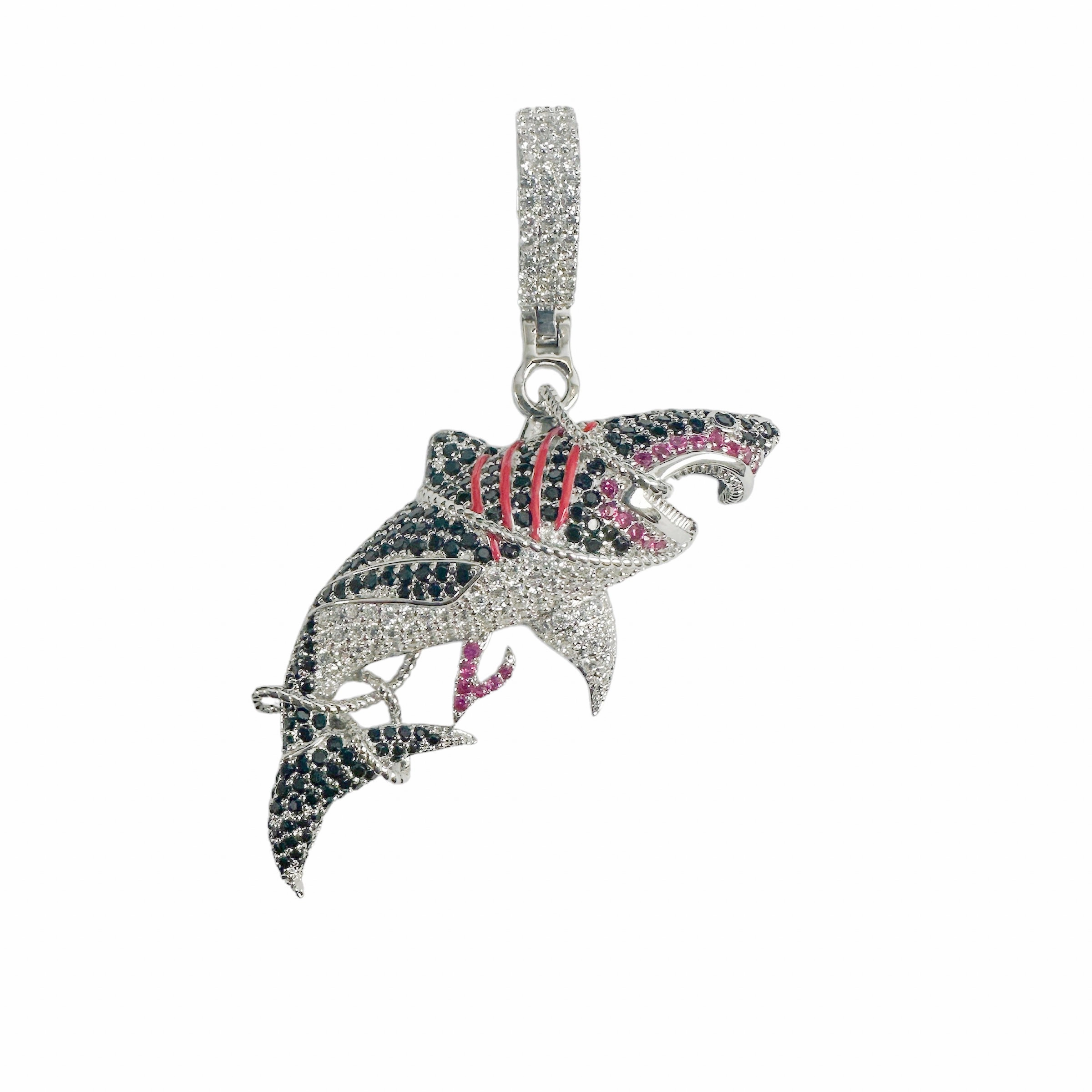 Rhodium Plated 925 Sterling Silver Tangled Shark Black Red and Clear CZ Pendant - SLP00405