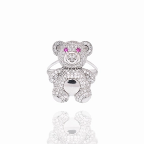 Rhodium Plated 925 Sterling Silver Teddy Bear Red and Clear CZ 17mm x 22mm Ring - PAR00447