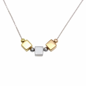 Rhodium Plated 925 Sterling Silver Three-Tone 3 Cube Pendant Necklace - DIN00090TRI