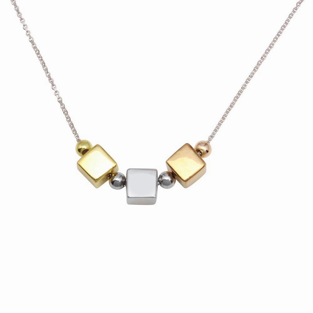 Rhodium Plated 925 Sterling Silver Three-Tone 3 Cube Pendant Necklace - DIN00090TRI