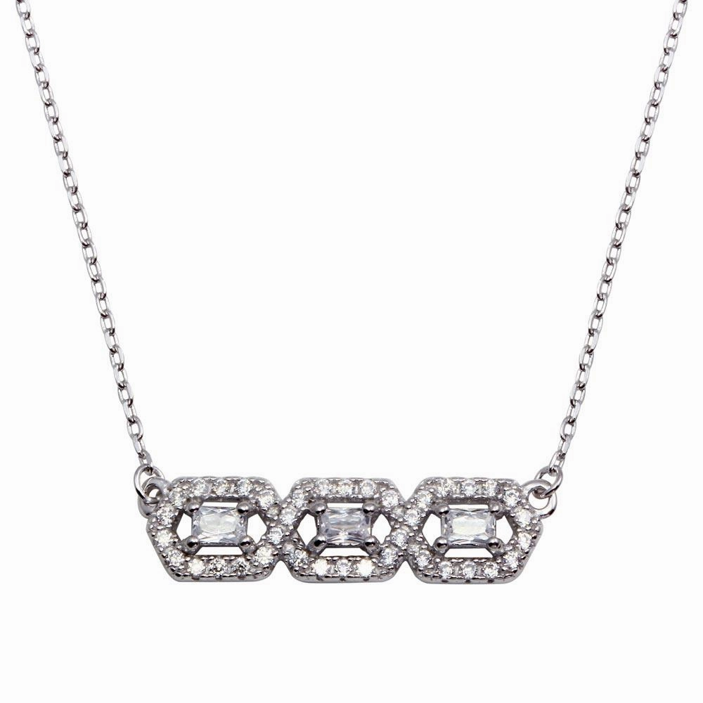 Rhodium Plated 925 Sterling Silver Triple CZ Pendant Necklace - BGP01286
