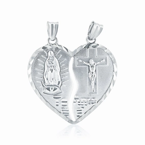 Rhodium Plated 925 Sterling Silver Unbreakable Love 3 Dimensional Guadalupe and Cross Heart Pendant - GMP00118