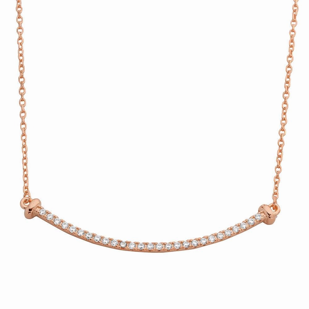 Rose Gold Plated 925 Sterling Silver Curved CZ Bar Necklace - BGP01103RGP