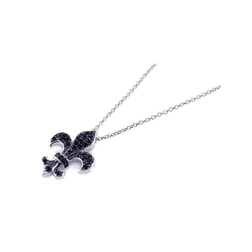 Silver 925 Black and Rhodium Plated Fleur De Lis CZ Necklace - BGP00174