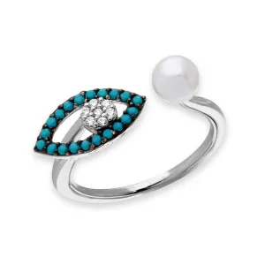Silver 925 Black Rhodium and Rhodium Plated Turquoise Evil Eye and CZ with Fresh Water Pearl Ring - GMR00137B-T