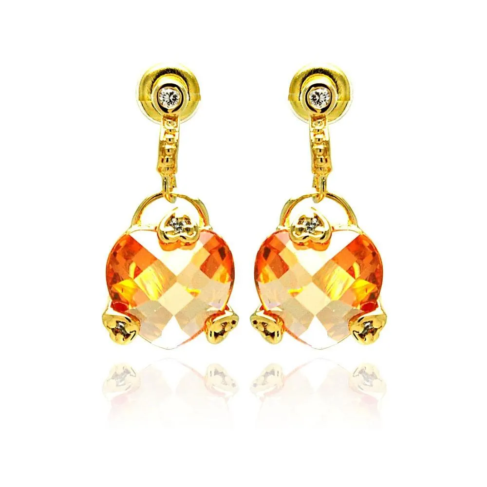 Silver 925 Gold Rhodium Plated Heart Champagne CZ Dangling Stud Earrings - BGE00192