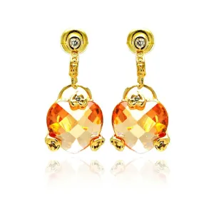 Silver 925 Gold Rhodium Plated Heart Champagne CZ Dangling Stud Earrings - BGE00192