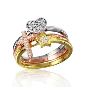Silver 925 Rhodium 3 Toned Band with Cross Star Heart CZ Design - STR01058