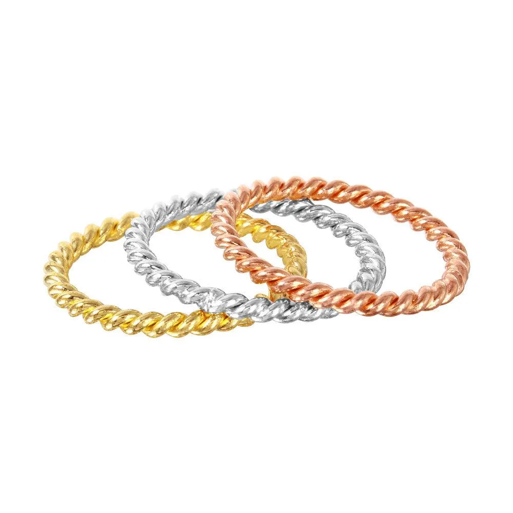 Silver 925 Rhodium, Gold, and Rose Gold Plated Stackable Rope Ring - STR00293
