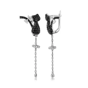 Silver 925 Rhodium Plated Black CZ Cat with Hanging Tale Leverback Earrings - GME00044BR-BLACK