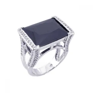 Silver 925 Rhodium Plated Black Onyx Clear CZ Square Ring - BGR00134