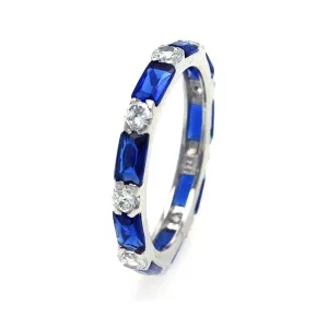 Silver 925 Rhodium Plated Blue Baguette Clear CZ Eternity Ring - STR00516BLU