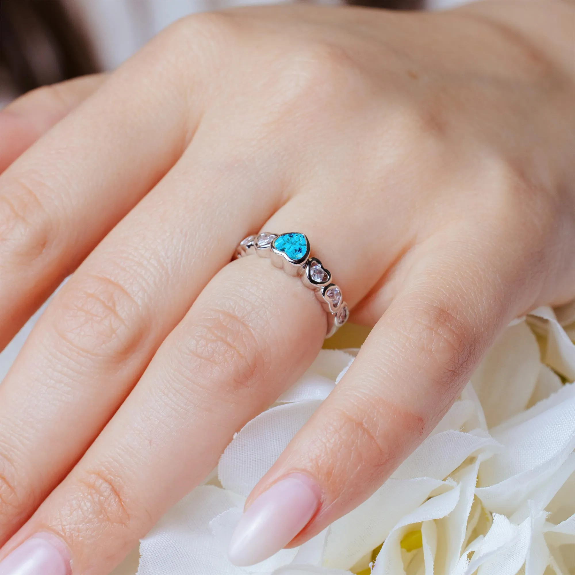 Silver 925 Rhodium Plated Blue Center CZ Heart Ring - BGR00014B
