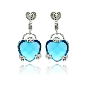 Silver 925 Rhodium Plated Blue Heart CZ Dangling Earrings - BGE00191