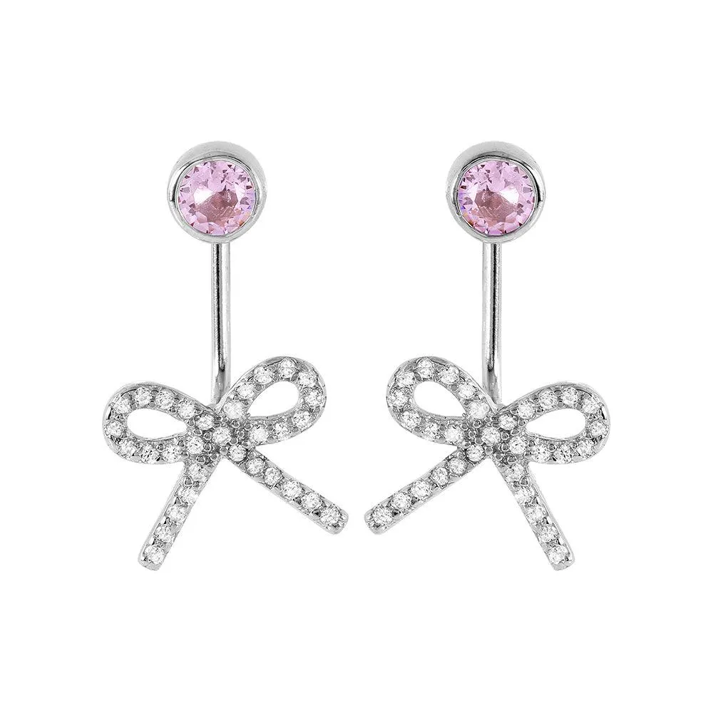 Silver 925 Rhodium Plated Bowtie Pink CZ Earrings - STE00985