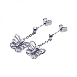 Silver 925 Rhodium Plated Butterfly CZ Dangling Wire Post Earrings - STE00527