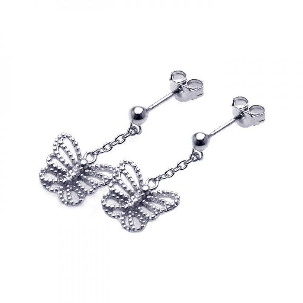 Silver 925 Rhodium Plated Butterfly CZ Dangling Wire Post Earrings - STE00527