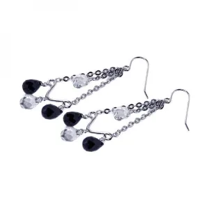 Silver 925 Rhodium Plated Clear and Black Chandelier CZ Hook Earrings - STE00228