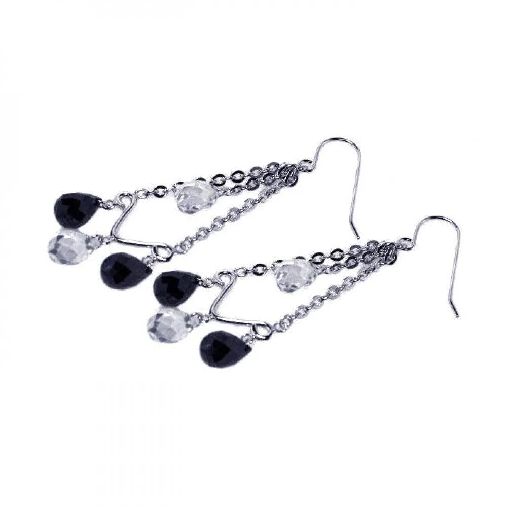 Silver 925 Rhodium Plated Clear and Black Chandelier CZ Hook Earrings - STE00228