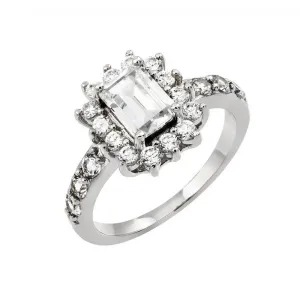 Silver 925 Rhodium Plated Clear Cluster and Square Center CZ Engagement Ring - BGR00792