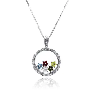 Silver 925 Rhodium Plated Clear CZ Circle Colorful Stars Pendant Necklace - STP00891