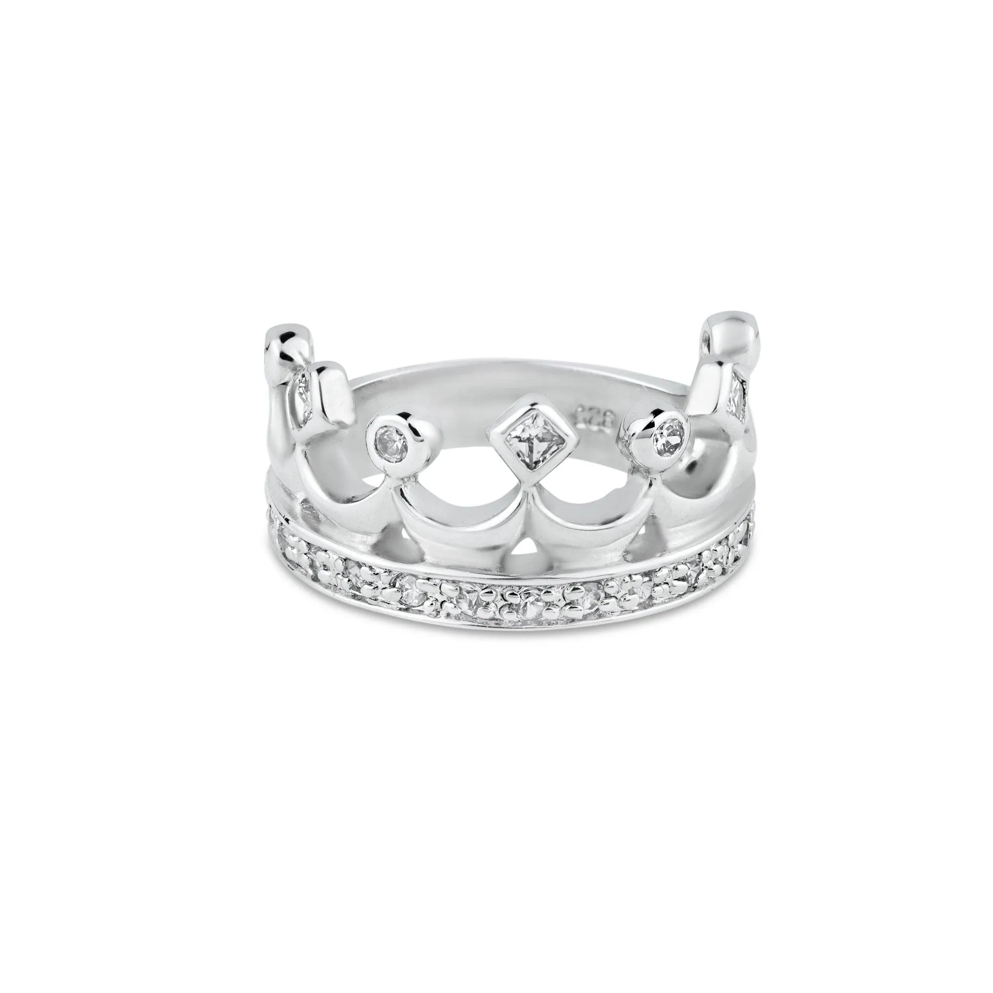 Silver 925 Rhodium Plated Clear CZ Crown Ring - BGR00002