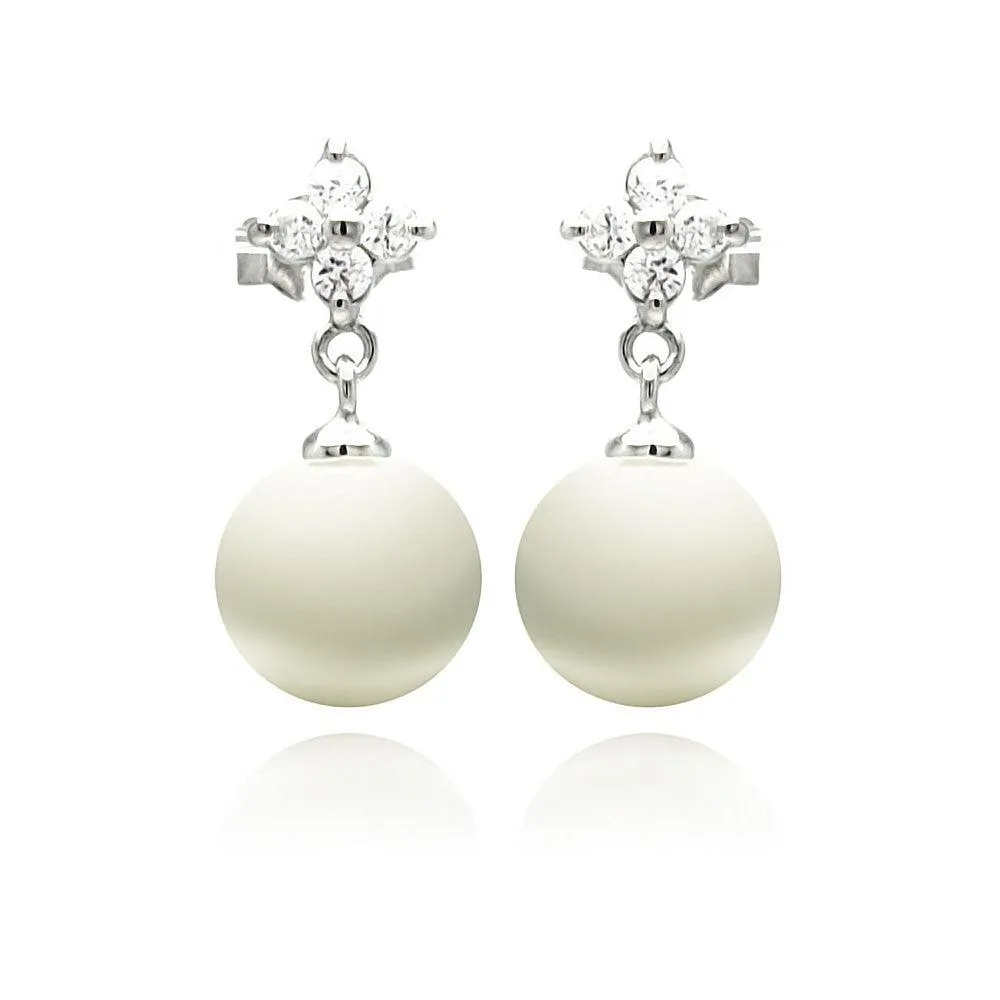 Silver 925 Rhodium Plated Clear CZ Enamel Pearl Dangling Stud Earrings - STE00896