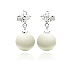 Silver 925 Rhodium Plated Clear CZ Enamel Pearl Dangling Stud Earrings - STE00896