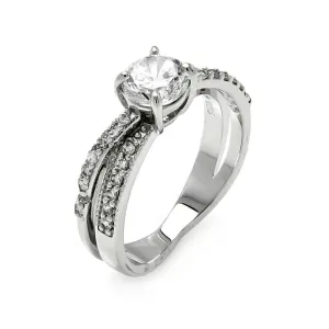 Silver 925 Rhodium Plated Clear CZ Round Overlap Bridal Ring - BGR00467