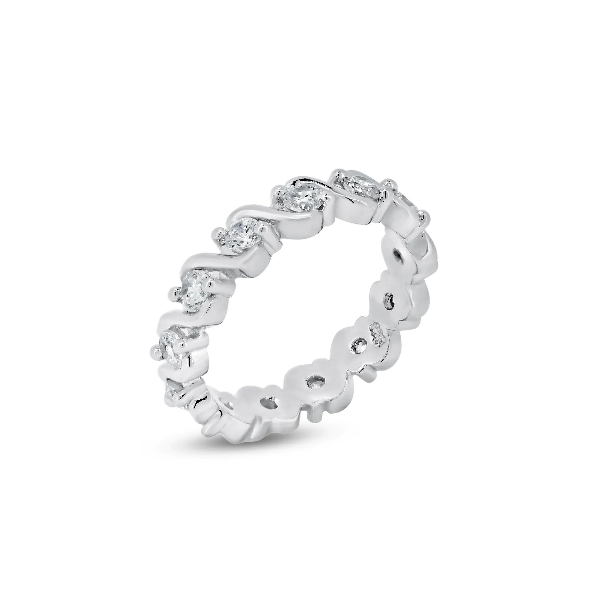 Silver 925 Rhodium Plated Clear CZ Wave Eternity Ring - BGR00364