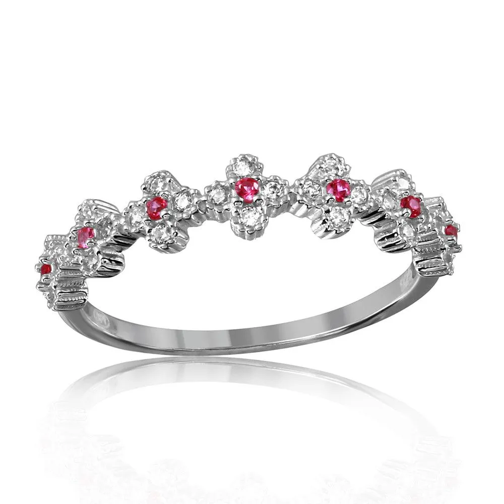 Silver 925 Rhodium Plated Clover Band with Red CZ Stones - GMR00129R