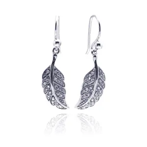 Silver 925 Rhodium Plated Curvy Leaf CZ Dangling Hook Earrings - STE00542