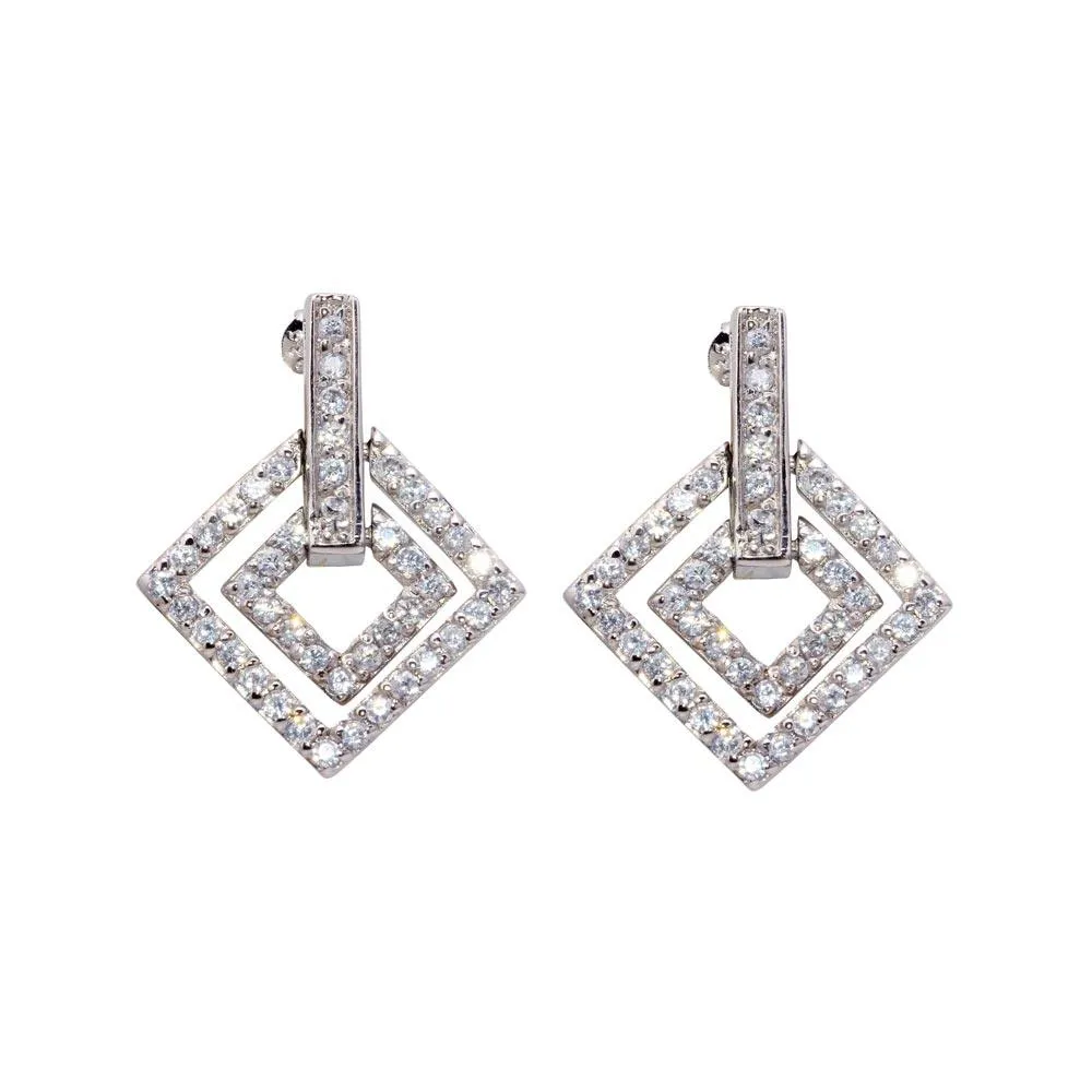 Silver 925 Rhodium Plated CZ Rectangular Stud Earrings - STE00028