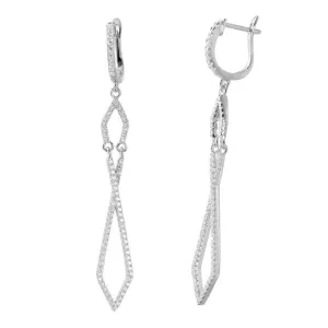 Silver 925 Rhodium Plated Dangling Open Square CZ huggie hoop Earrings - ACE00099RH