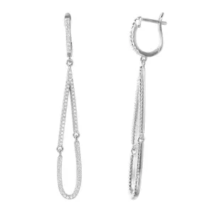 Silver 925 Rhodium Plated Dangling Open Tear Drop CZ huggie hoop Earrings - ACE00098RH