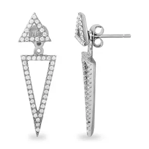 Silver 925 Rhodium Plated Double Open Triangle CZ Earrings - BGE00485