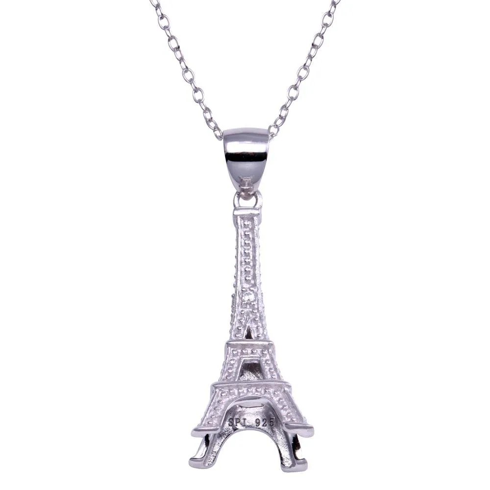 Silver 925 Rhodium Plated Eiffel Tower Pendant Necklace - STP00676