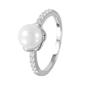 Silver 925 Rhodium Plated Faux Pearl CZ Accent Ring - GMR00056