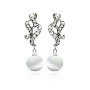 Silver 925 Rhodium Plated Filigree CZ Dangling Synthetic Pearl Earrings - BGE00224