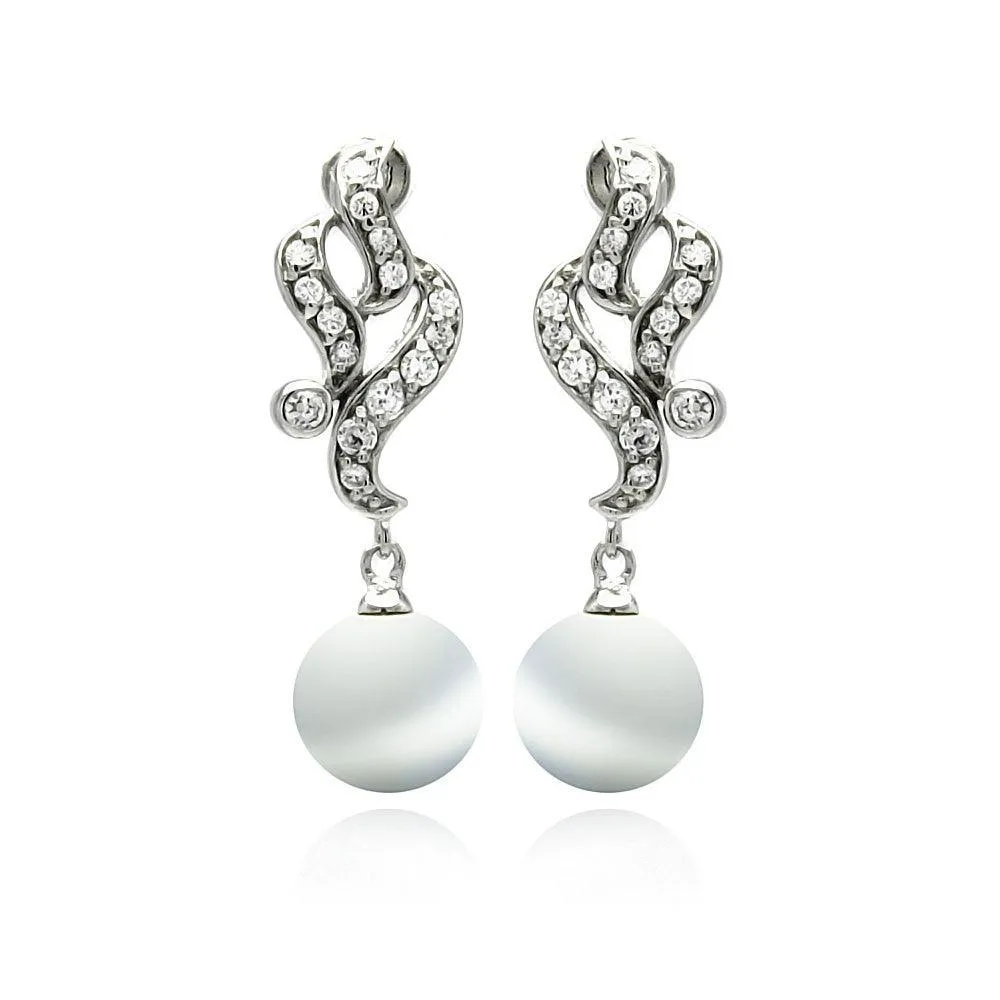 Silver 925 Rhodium Plated Filigree CZ Dangling Synthetic Pearl Earrings - BGE00224