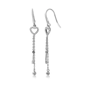 Silver 925 Rhodium Plated Fish Hanging Heart with Strands Dangling Earrings - STE01061