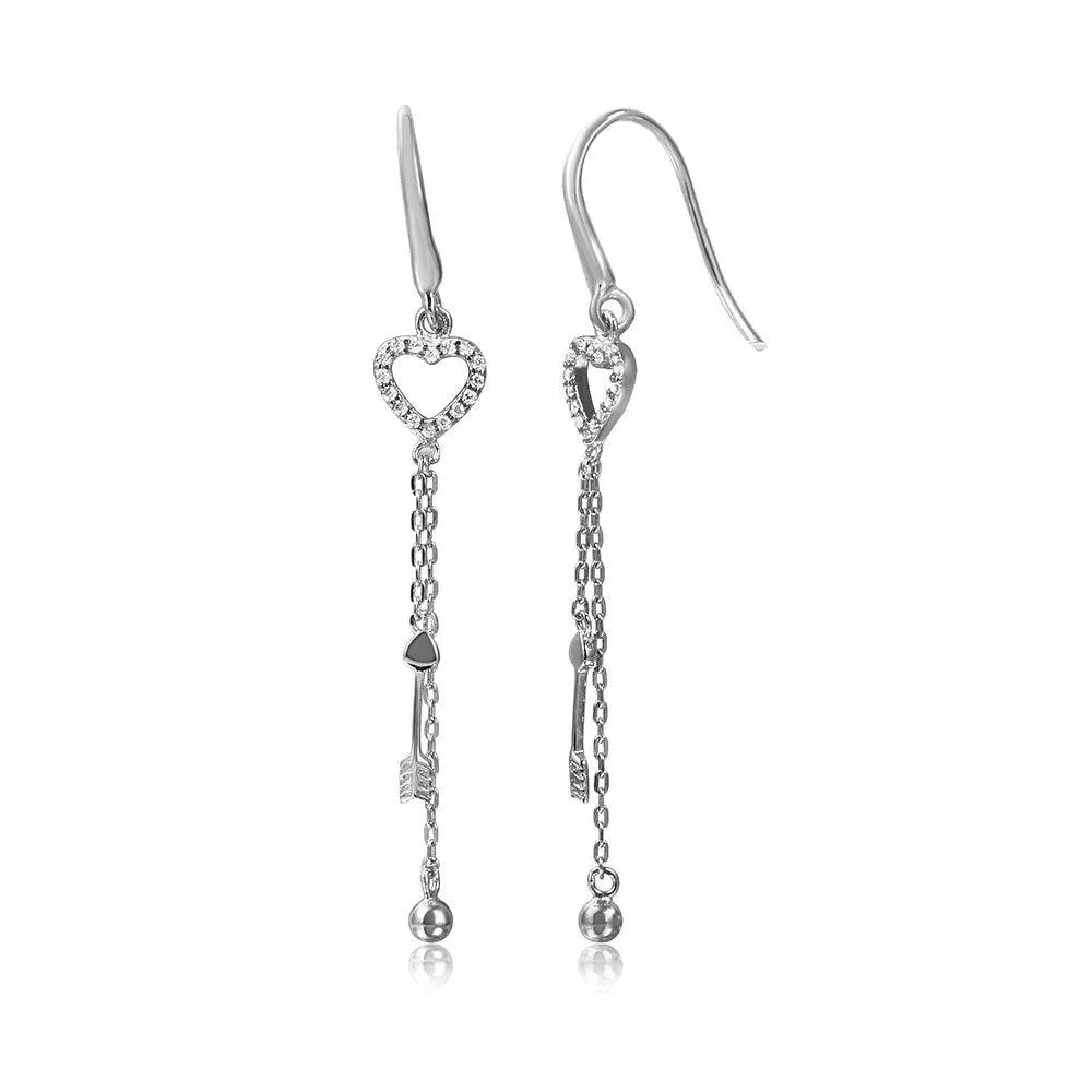 Silver 925 Rhodium Plated Fish Hanging Heart with Strands Dangling Earrings - STE01061