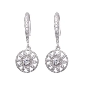 Silver 925 Rhodium Plated Flower CZ Dangling Hook Earrings - BGE00324