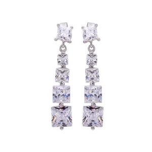 Silver 925 Rhodium Plated Four Graduated Square CZ Dangling Earrings - STE00282